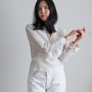 Y2K ivory silk and linen sheer wrap blouse // L (2411)