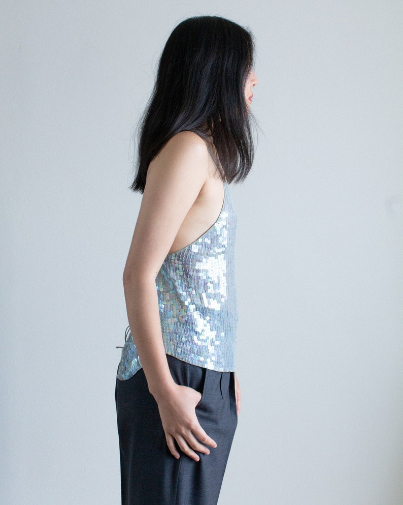 Y2K light blue silk sequined backless tank top // L (2403)