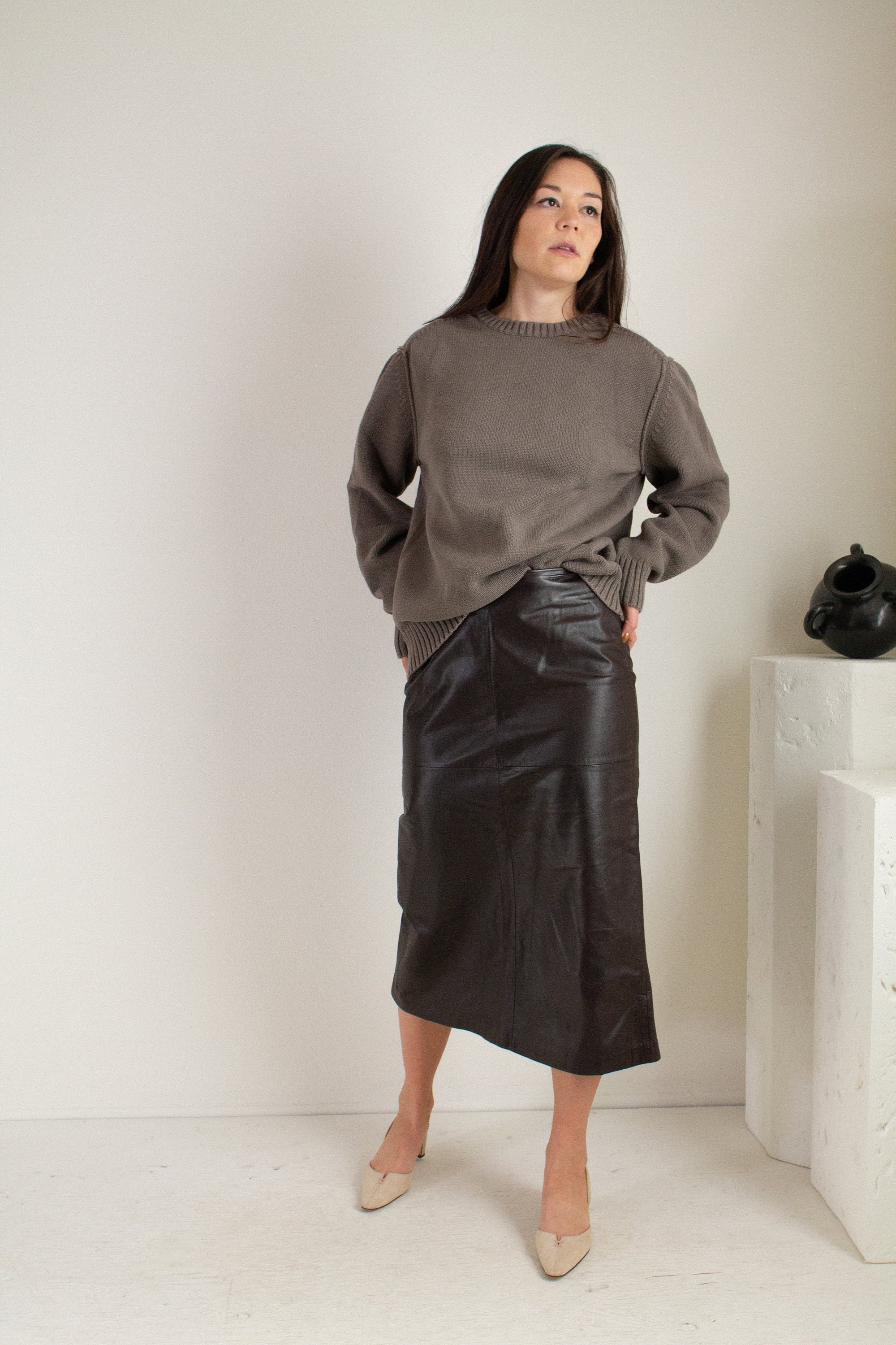 Vintage dark brown leather midi skirt // S 1816 Etsy