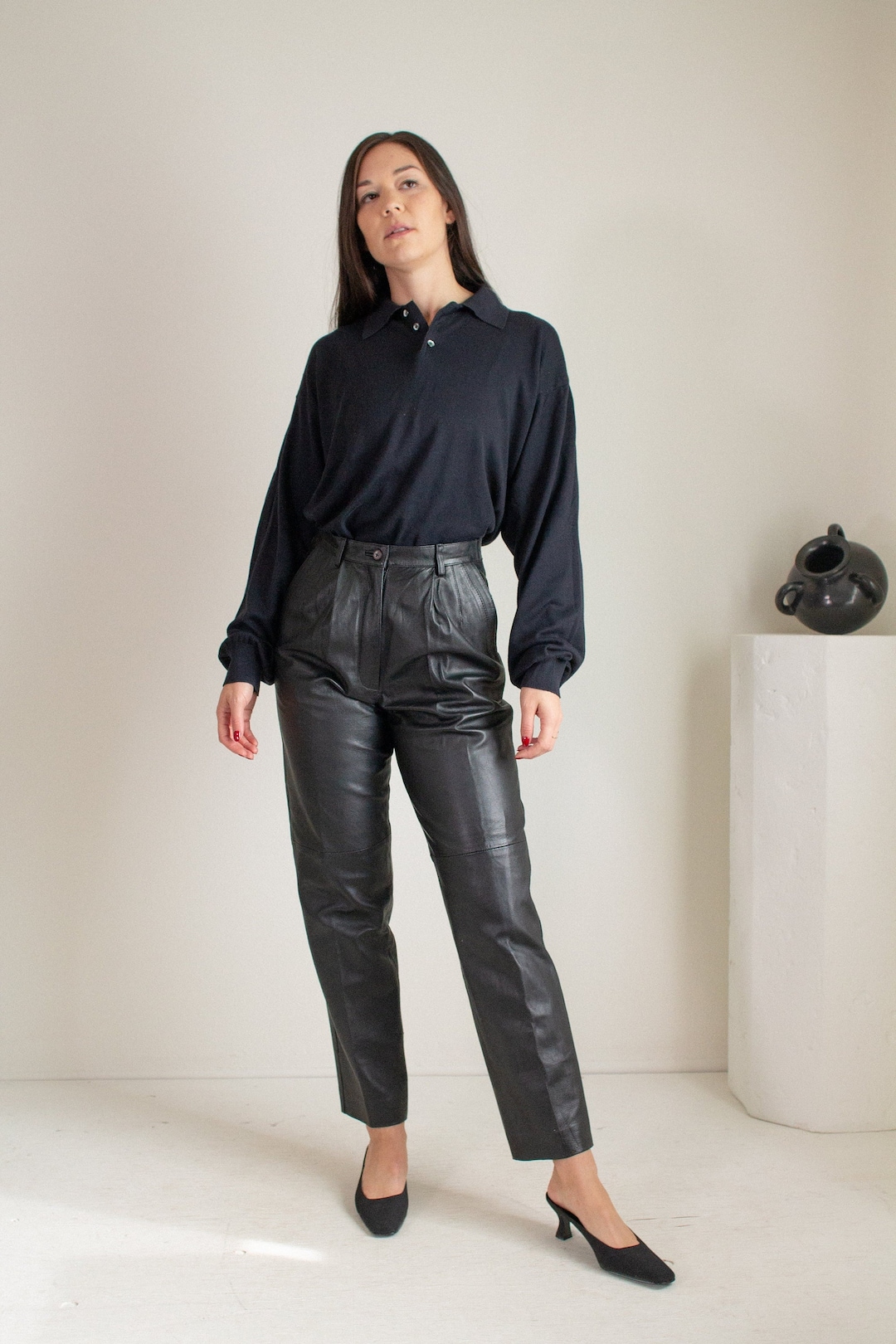 Vintage Black Pleated Leather Pants // S 1601 Etsy