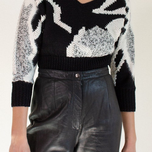 Vintage black and ivory wool and shops angora blend abstract patterned sweater // S petite (2009)