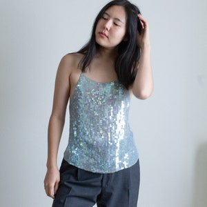 Y2K light blue silk sequined backless tank top // L (2403)