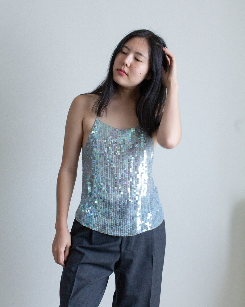 Y2K light blue silk sequined backless tank top // L (2403)