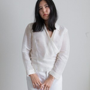 Y2K ivory silk and linen sheer wrap blouse // L (2411)