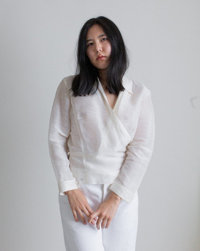 Y2K ivory silk and linen sheer wrap blouse // L (2411)