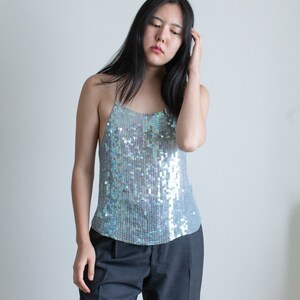 Y2K light blue silk sequined backless tank top // L (2403)