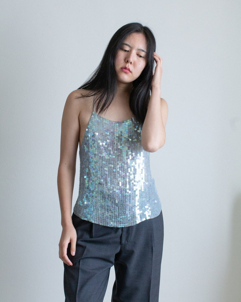 Y2K light blue silk sequined backless tank top // L (2403)