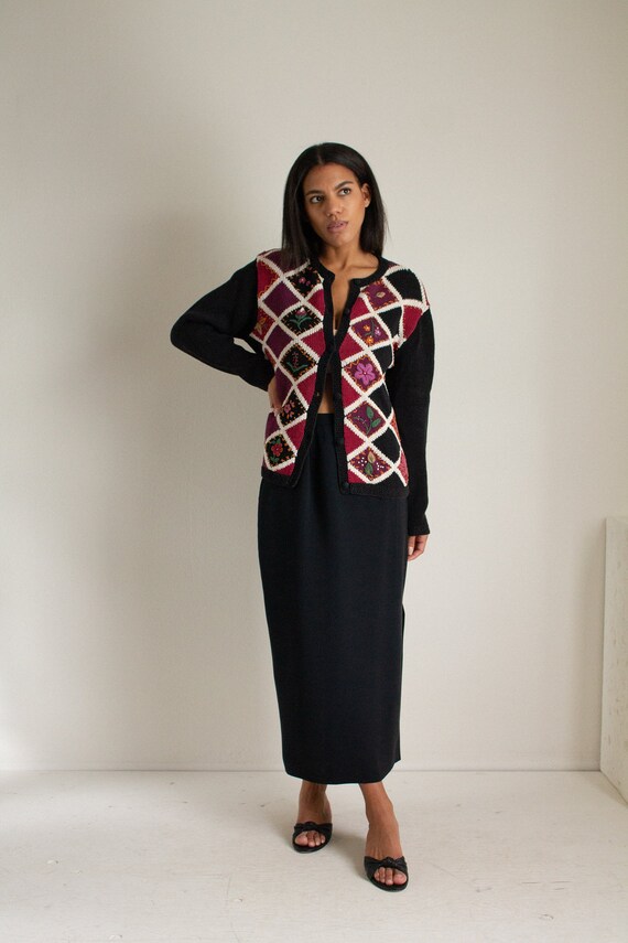 Vintage black cotton blend floral print knit cardi