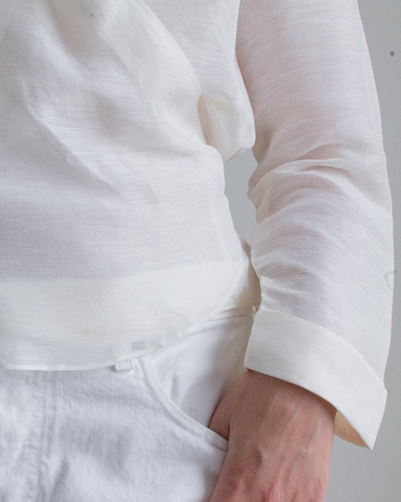 Y2K ivory silk and linen sheer wrap blouse // L (2411)