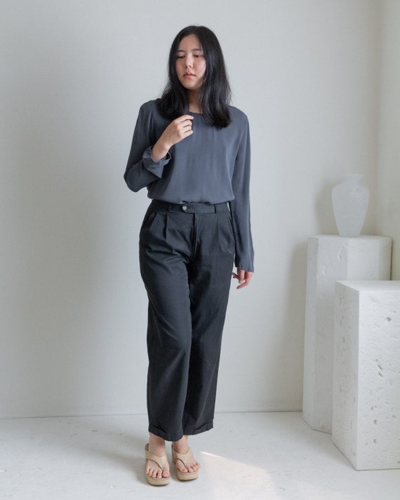 Vintage charcoal gray cotton pleated pants // S (… - image 4