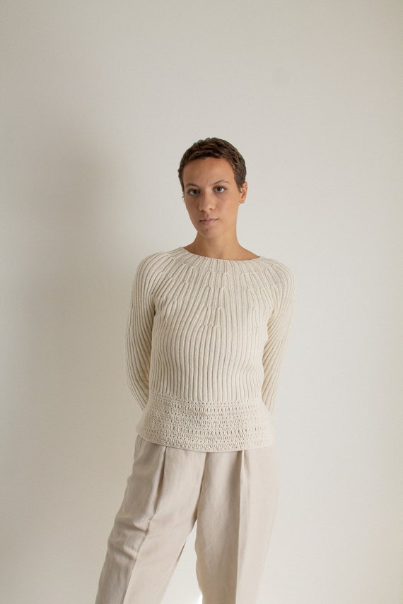 Vintage beige chunky open knit cropped sweater //
