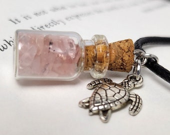 Rose Quartz Turtle Amulet, Black Necklace, Mini Cork Top Glass Bottle Charm