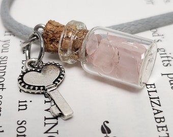Rose Quartz Heart Key Amulet, Gray Necklace, Mini Cork Top Glass Bottle Charm