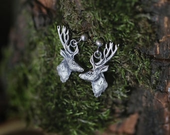 Stag with antlers Stud Earrings, Silver Animal jewelry, Forest Jewelry, Earlobe Studs, red deer Earrings, deer dangling Push back Earring,