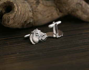 African hippo cuff links, Silver hippo jewelry, hippopotamus man accessories, cuff links silver, Hippo Jewelry, wild animal cuff, Africa fan