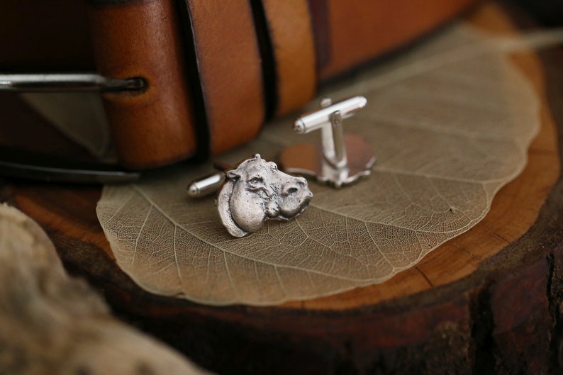 African hippo cuff links, Silver hippo jewelry, hippopotamus man accessories, cuff links silver, Hippo Jewelry, wild animal cuff, Africa fan imagem 5