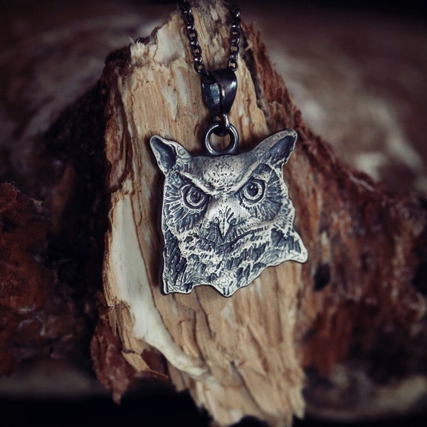 Owl Head Pendant, Sterling Silver, Bird Jewelry, Bird Charm Necklace, Multiple Chain Lengths, Owl Gift Idea, Woodland Animals Jewelry