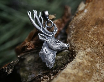 Red deer Pendant Sterling Silver, Wild Animal Pendant, Forest Animal Jewelry, deer Charm Necklace, Multiple Chain Lengths, stag talisman