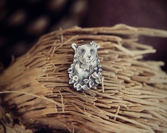 Bear with Flowers Mini Brooch, Sterling Silver, Bear Charm, Grizzly Animal Breast Pin, Animal Pin, Silver Clasp Clip, Bear Fastening Badge