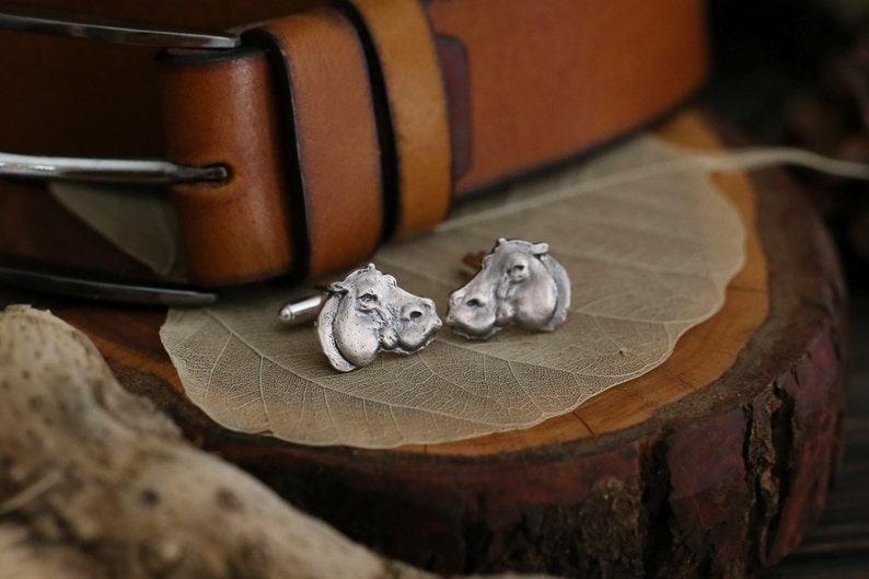 African hippo cuff links, Silver hippo jewelry, hippopotamus man accessories, cuff links silver, Hippo Jewelry, wild animal cuff, Africa fan imagem 4