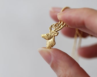 Red deer Mini Pendant, Forest Animal Jewelry, deer Charm Necklace, gold plated deer, Woodland Jewelry, Forest Nature jewels, gold stag deer