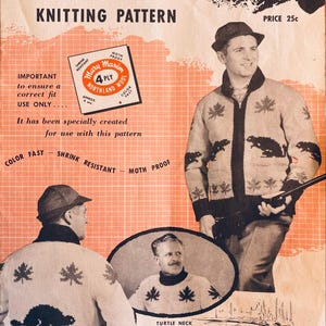 Peut inclure: Un patron de tricot pour un cardigan ou un pull Canadian Beaver. Le patron est pour les tailles homme 38-40-42-44 et est réalisé avec un fil 4 fils. Le patron est de Mary Maxim et coûte 25 cents.