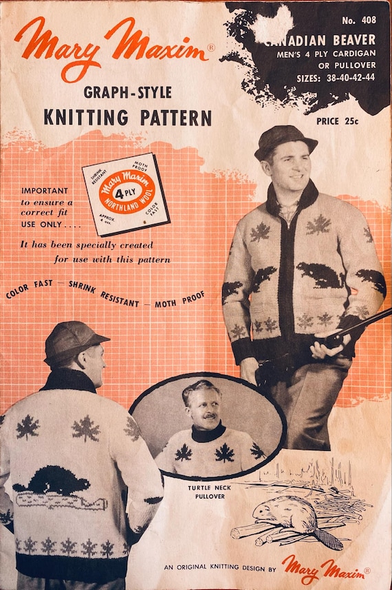 Vintage Adult Mary Maxim Beaver Sweater Knitting Pattern 1950s