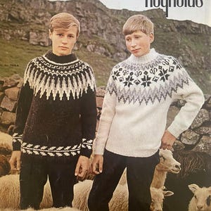 May include: Two young people wearing traditional Icelandic sweaters, called lopapeysa, stand in front of a rocky hillside with sheep. The sweaters have intricate patterns in black, white, and gray.
