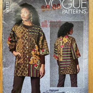 May include: Vogue Patterns V1712 sewing pattern featuring a jacket with a unique patchwork design. The jacket has a brown, yellow, and red color scheme with a button-up front and short sleeves. The pattern includes the text "VOGUE PATTERNS" and "César NYC".