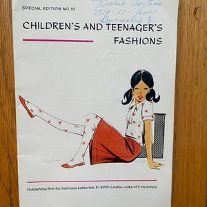 May include: A vintage fashion magazine cover with the title "CHILDREN'S AND TEENAGER'S FASHIONS." The cover features an illustration of a young woman in a red skirt and floral tights. The magazine is a special edition, number 10.