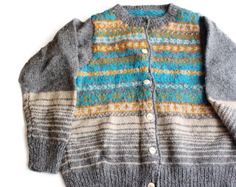 Aqua Blue and Mustard Lining Hand Knitted Pure Woolen Cardigan Sweater