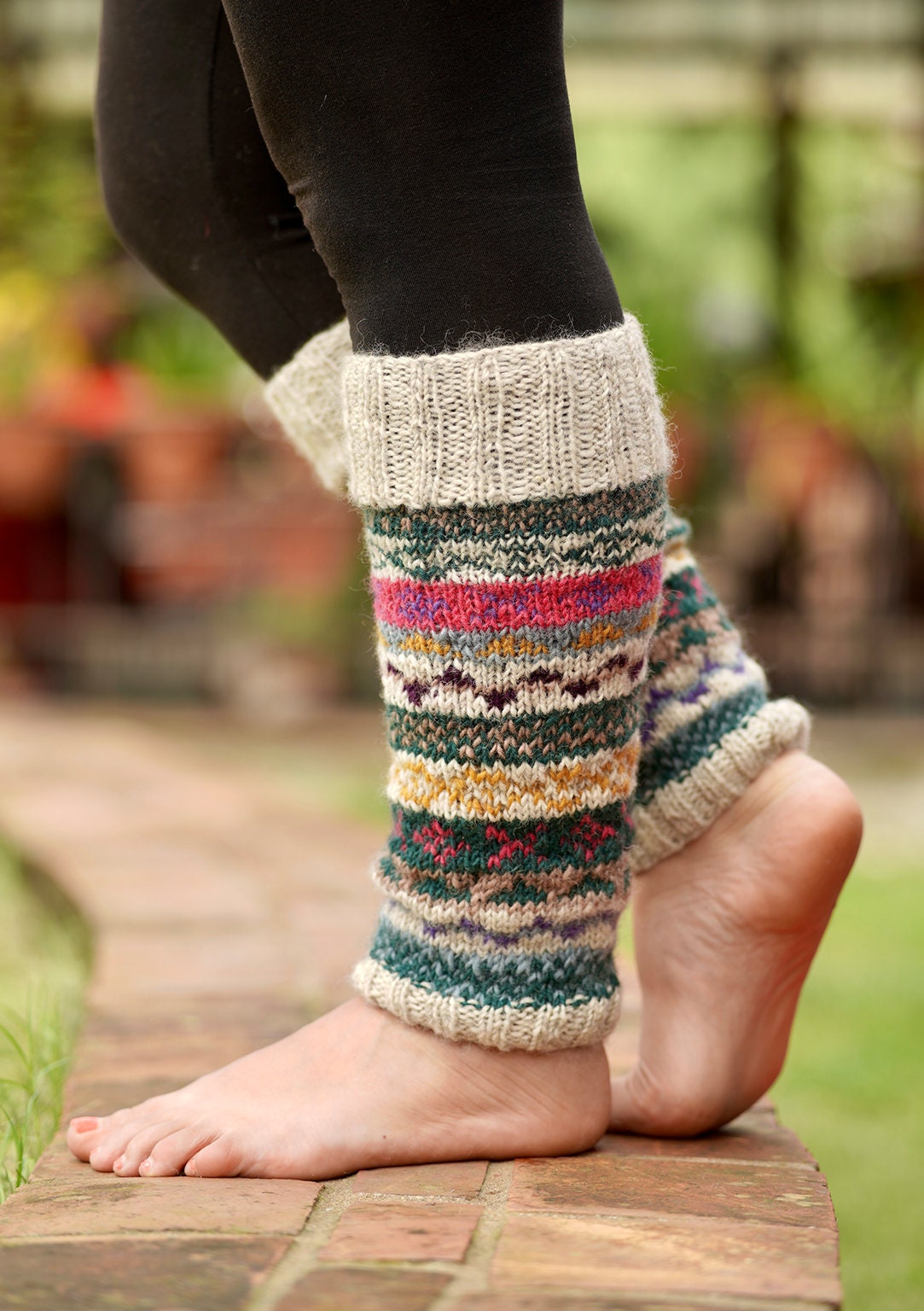 Alpaca Wool Knit Leg Warmers, Cream Rose, Light Pink Knitted Leg