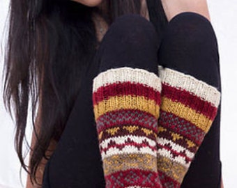 Red White Mix Hand knit Knee High Woolen Socks