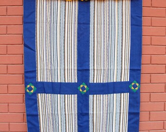 Bhutanese Woven Fabric with Blue Velvet Border Tibetan Door Curtain Cover