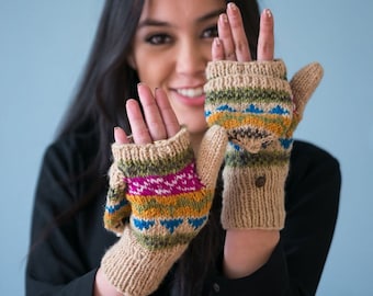 Dark Cream Knit Wool Convertible Mittens