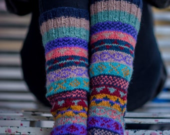 Dark Blue Mixed Color Pure Woolen Knee High Socks