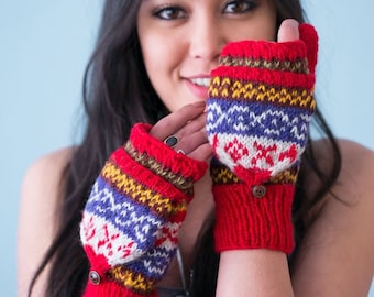 Red Hand Knit Wool Convertible Mittens