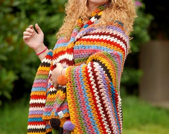 Rainbow Multicolor Hand Knitted Woolen Shawl/Blanket with Pom Pom