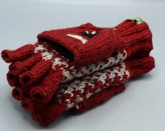 Cat Design Knit Wool Convertible Woolen Mittens (Red WOG49)