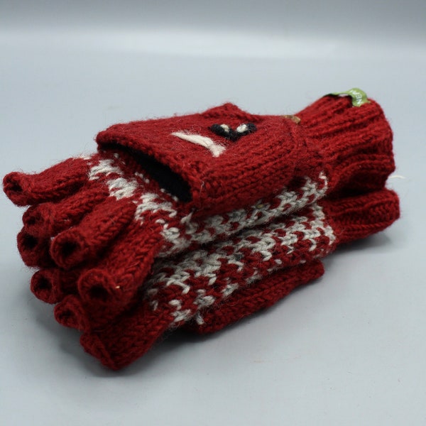 Mitaines convertibles en laine tricotée Cat Design (rouge WOG49)