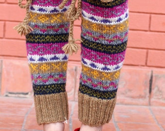 Handknitted Brown Pink Multicolor Winter Legwarmers with Lace