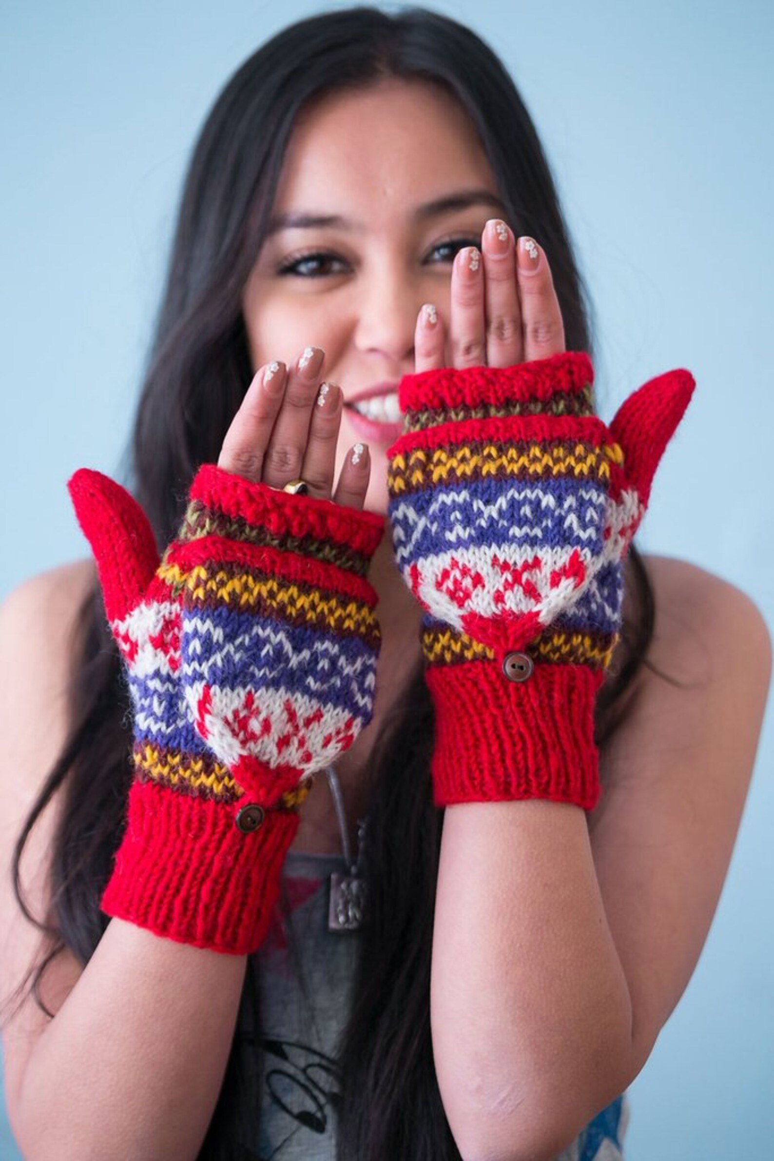 Red Hand Knit Wool Convertible Mittens Etsy