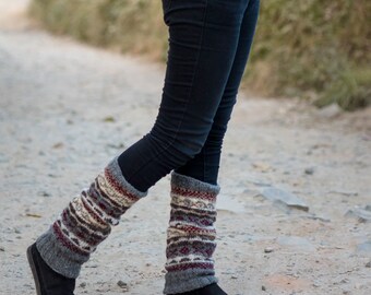 Gray Red Mixed Multicolored Pure Wool Legwarmers