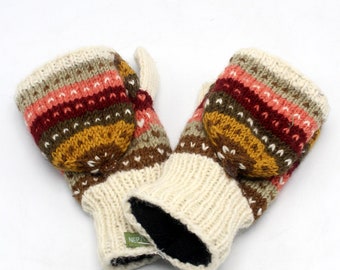 Handknited Pink and White Multicolored Hearshaped Pattern Sherpa Mittens