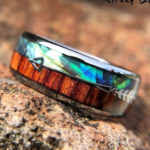 Hawaiian KOA WOOD Ring Real Koa ABALONE Tungsten Ring, Silver Tungsten Ring, Mens Wedding Bands, Mens Tungsten Ring, Fast Priority Shipping