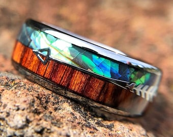 Hawaiian KOA WOOD Ring Real Koa ABALONE Tungsten Ring, Silver Tungsten Ring, Mens Wedding Bands, Mens Tungsten Ring, Fast Priority Shipping