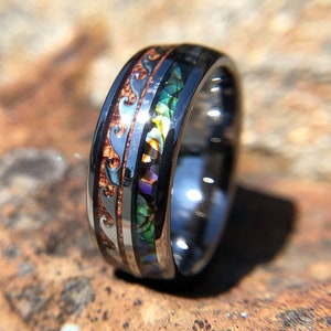 KOA WOOD ABALONE Tungsten Ring, Silver Tungsten Ring, Hawaiian Waves, Mens Wedding Bands, Mens Tungsten Ring, Fast Priority Shipping