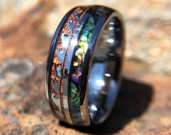 KOA WOOD ABALONE Tungsten Ring, Silver Tungsten Ring, Hawaiian Waves, Mens Wedding Bands, Mens Tungsten Ring, Fast Priority Shipping