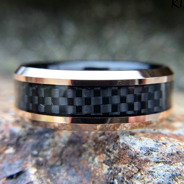 Anillo de tungsteno con fibra de carbono negra y oro rosa, anillo de tungsteno, alianza de tungsteno para hombre, tungsteno para hombre, anillo para hombre, de UnityRingDesigns