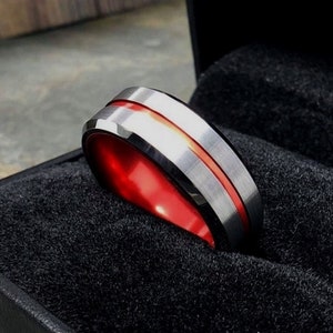 Silver Tungsten Ring, NEVER SCRATCH, Red Thin Line Tungsten Ring, Men&#39;s Tungsten Wedding Band,Firefighters Ring,Mens Ring,Unity Ring Designs